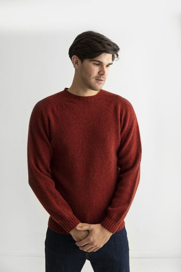 mens red shetland wool jumper sweater russet saddle shoulder