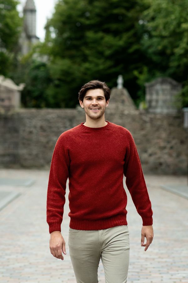 mens shetland wool jumper sweater red saddle shoulder