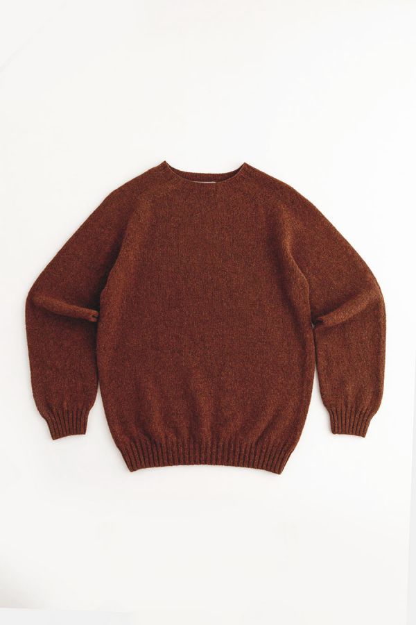 Mens rust wool shetland jumper sweater saddle shoulder 