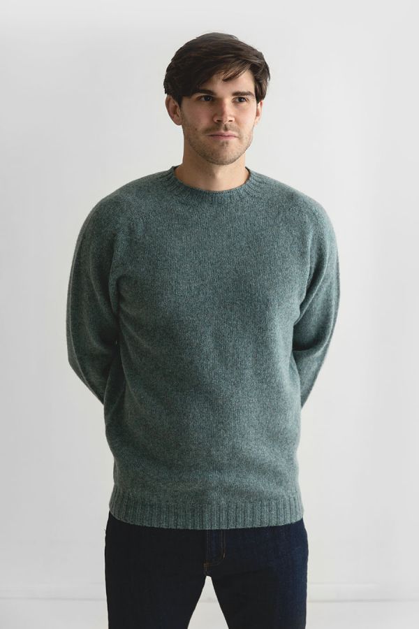 Mens Shetland wool Jumper Sweater Sage Green Seamless Saddle Shoulder