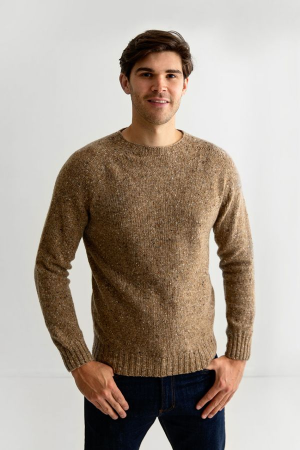 mens donegal merino wool jumper sweater sand brown saddle shoulder