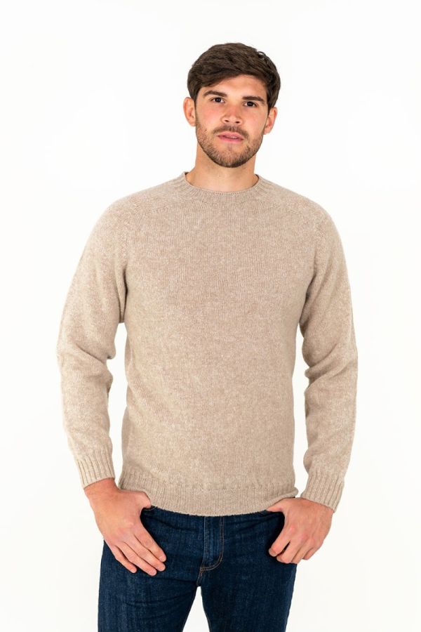 mens oatmilk beige shetland wool jumper sweater crew neck saddle shoulder