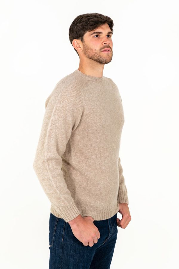 mens shetland wool oatmilk beige jumper sweater crew saddle shoulder seamless