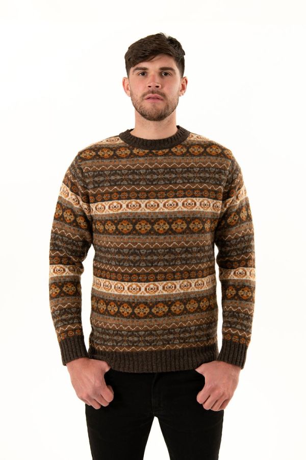 mens shetland wool brown orange fair isle jumper sweater drumtochty