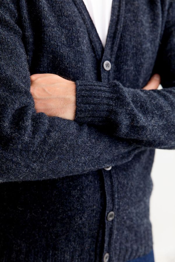 mens shetland wool charcoal grey cardigan v vee neck corozo buttons