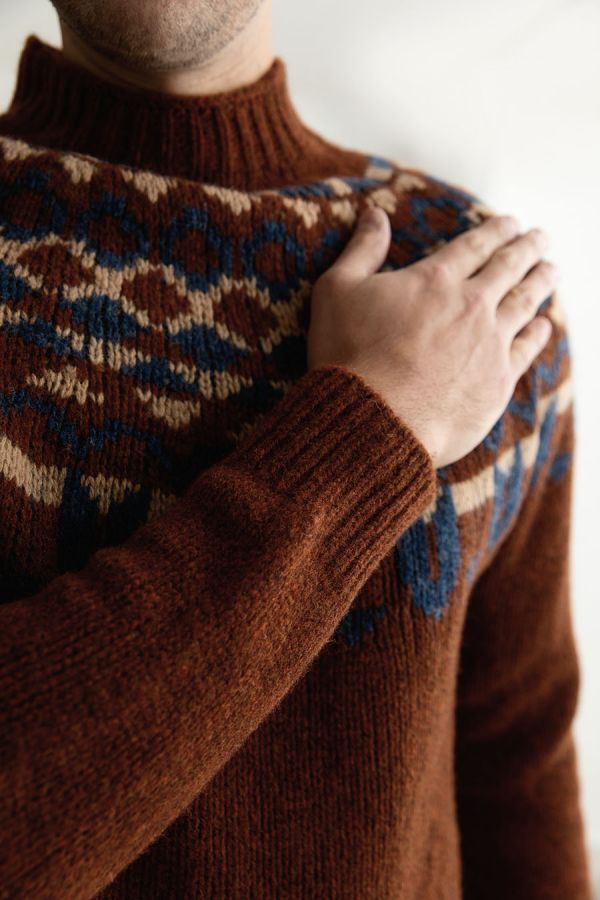 mens chunky shetland wool fair isle jumper sweater rust brodgar