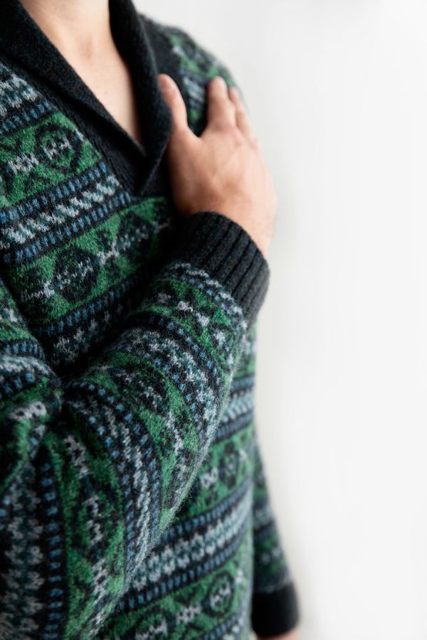 mens green blue shetland wool fair isle jumper sweater Lerwick