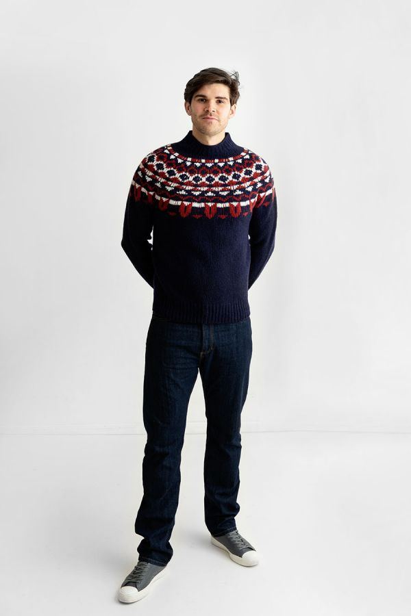 mens navy blue red fair isle chunky jumper sweater brodgar yoke wool