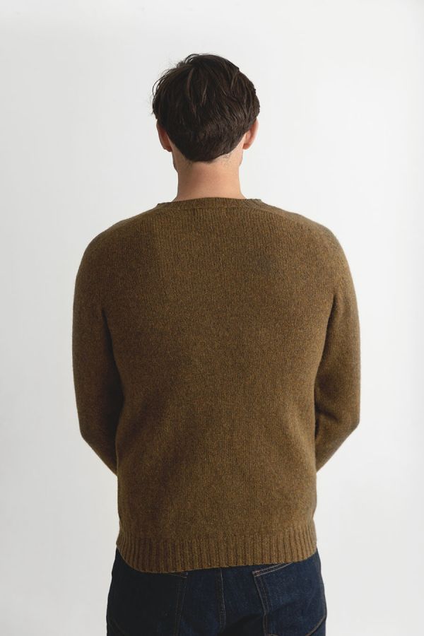 mens shetland jumper sweater dark olive brown saddle shoulder
