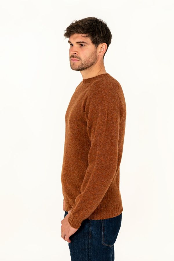 mens shetland wool sienna rust jumper sweater crew saddle shoulder seamless
