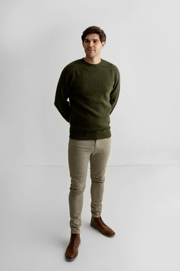 mens green shetland wool jumper sweater saddle shoulder loden khaki