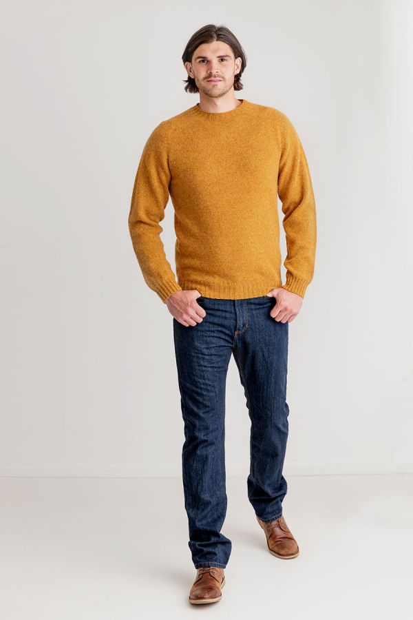 mens shetland wool jumper sweater mustard yellow cummin