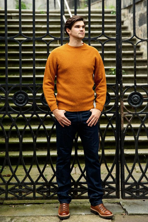 mens shetland wool jumper sweater orange saddle shoulder