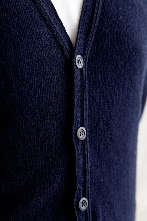 mens shetland wool navy blue cardigan v vee neck corozo buttons