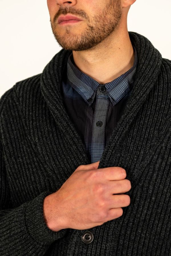 mens sustainable wool cardigan corozo buttons charcoal grey