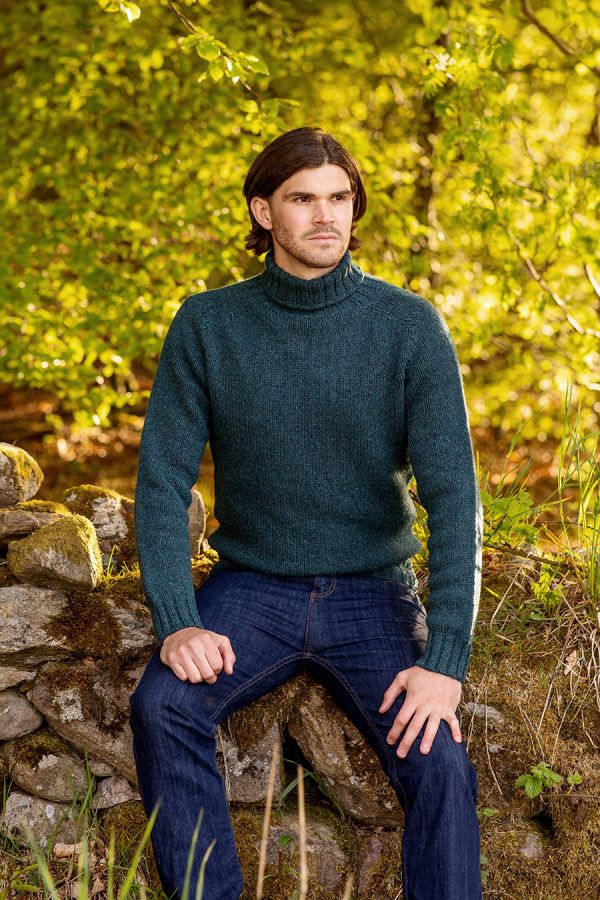 mens teal chunky wool polo neck jumper turtle sweater