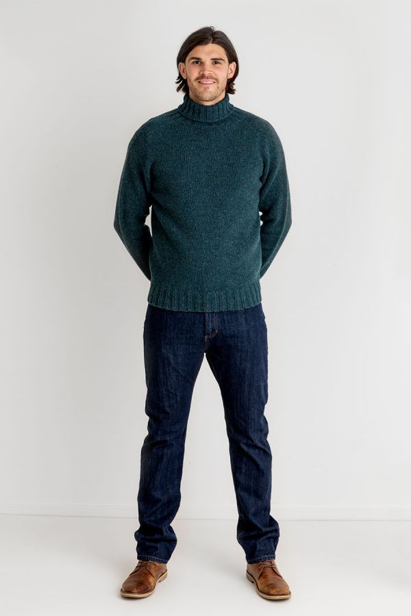 mens teal lambs wool polo neck jumper sweater chunky geelong
