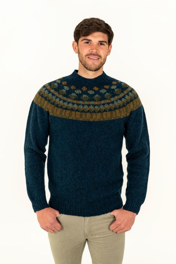 mens teal wool fair isle jumper sweater staffa yoke