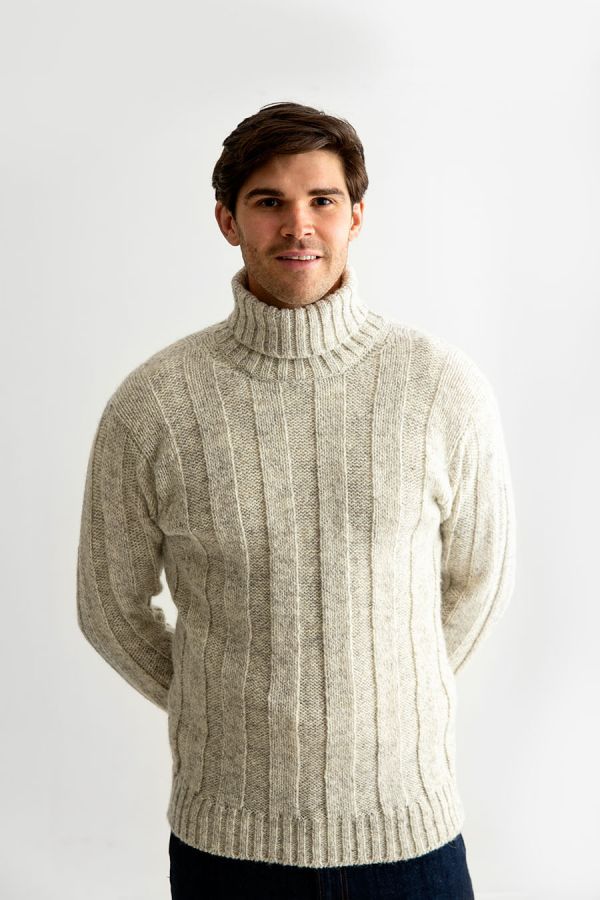 Mens Scottish Natural Undyed Ribbed polo neck jumper sweater - The