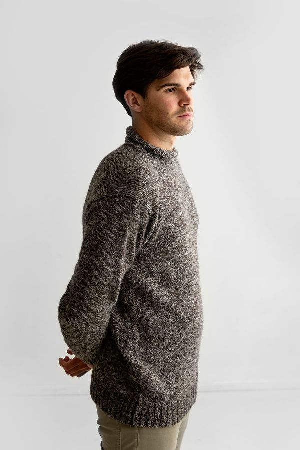 mens chunky wool jumper sweater roll neck undyed brown pebble