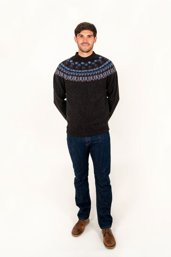 wool fair isle jumper sweater for men brown staffa blue