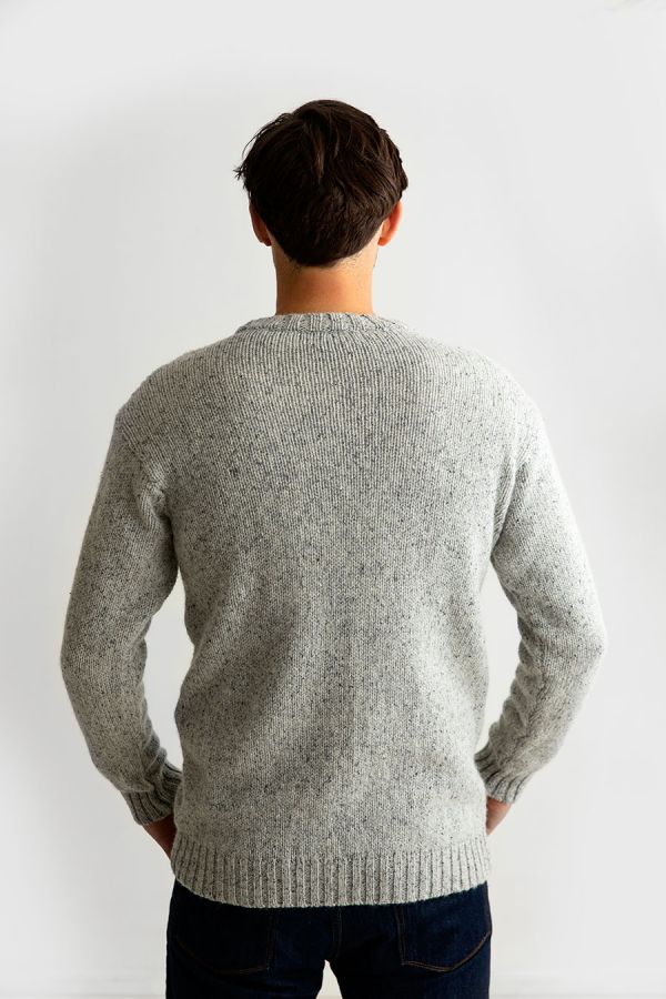 mens wool crew neck chunky jumper sweater light grey back