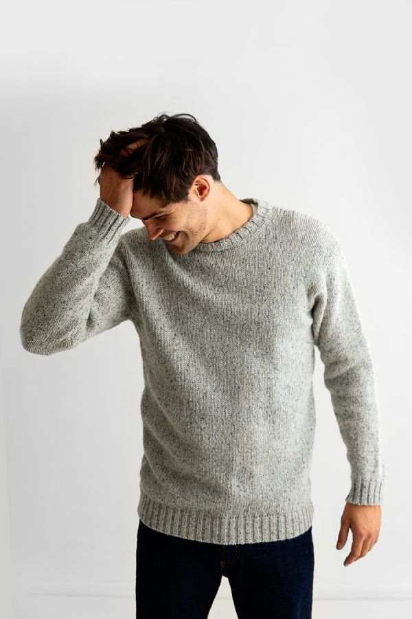mens wool crew neck chunky jumper sweater light grey limestone