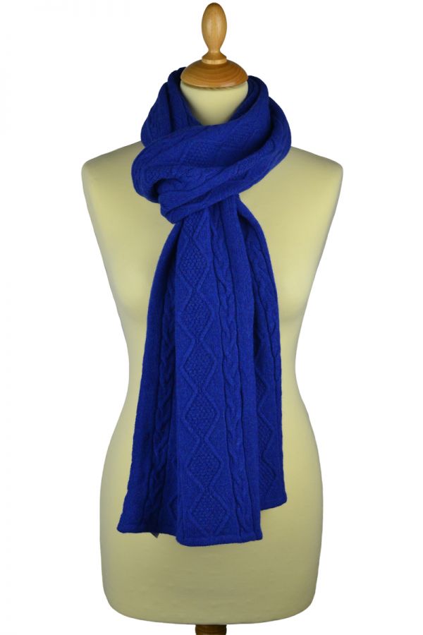 Royal Blue fine aran scarf. British lambs wool