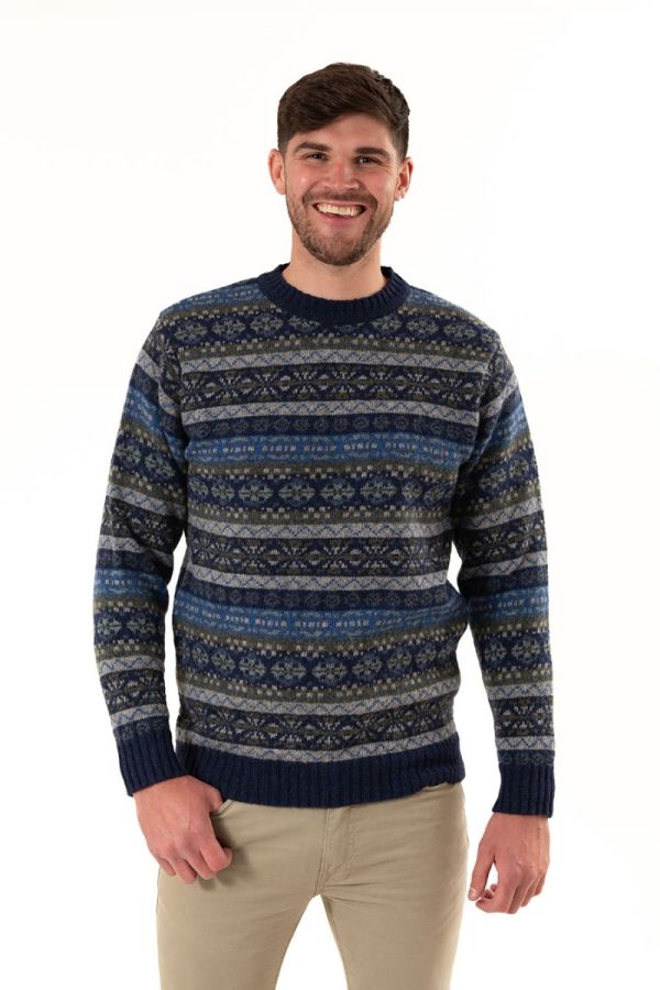 shetland wool mens jumper sweater fair isle blue drumtochty