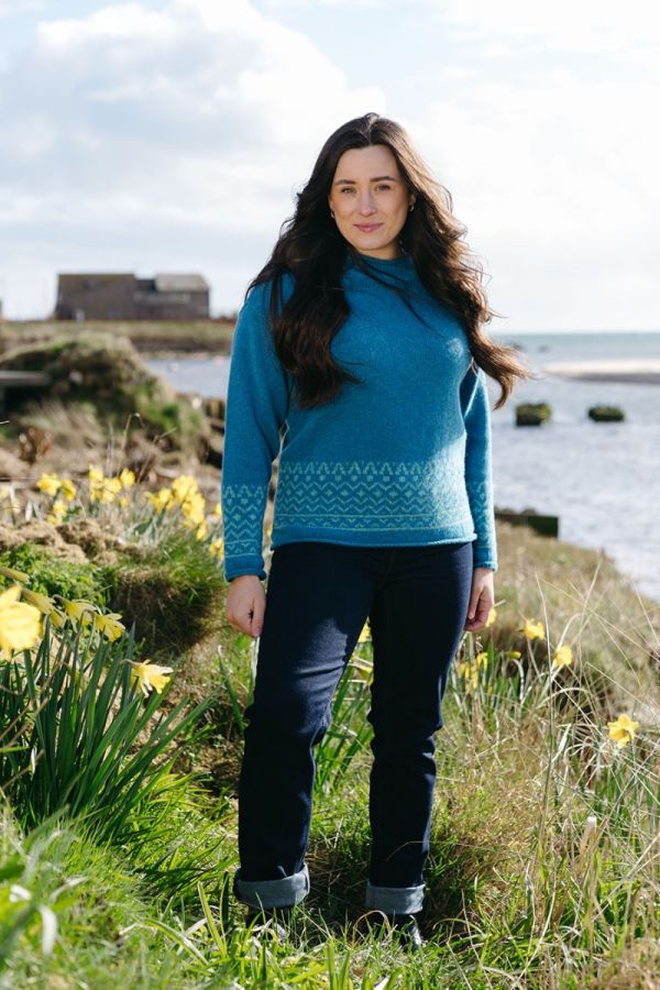 Womens turquoise wool fair isle jumper with aqua art deco Breamar pattern 