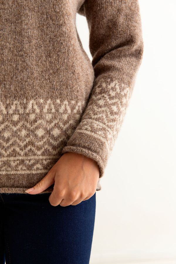 womens brown fair isle jumper sweater shetland wool braemar close up