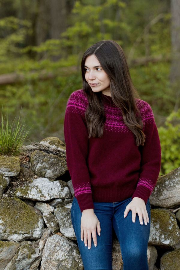 womens burgundy shetland wool fair isle jumper sweater aviemore