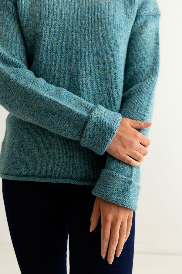womens chunky wool cuffed jumper sweater light teal close up