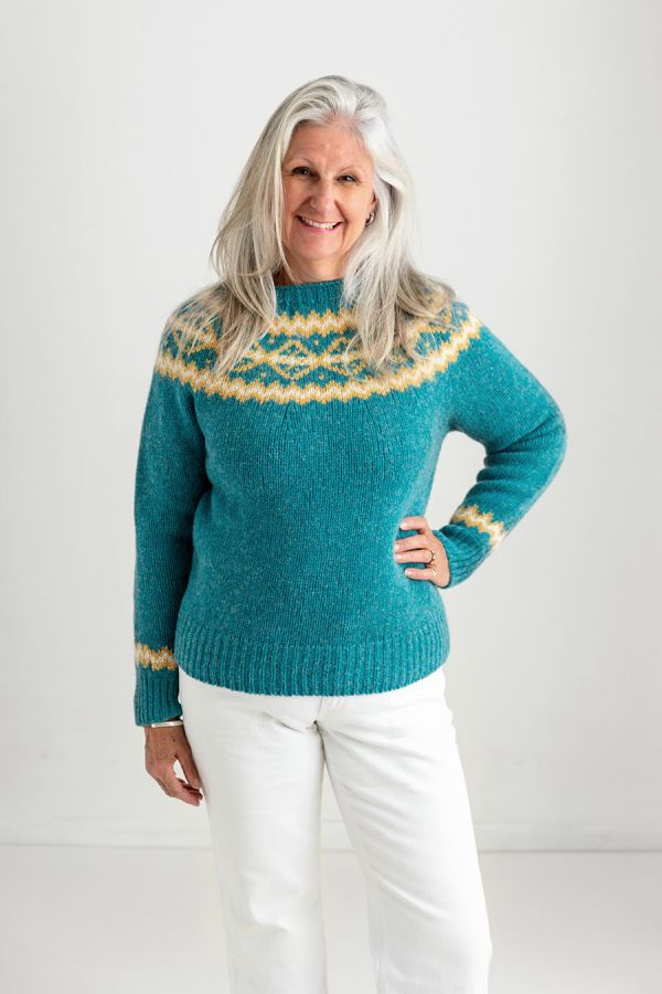 womens chunky fair isle wool jumper sweater aqua finnieston yoke