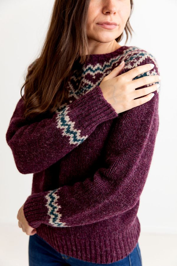 womens chunky shetland wool fair isle jumper aubergine purple sweater