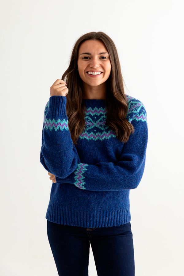 womens chunky wool fair isle jumper sweater royal blue finnieston yoke front
