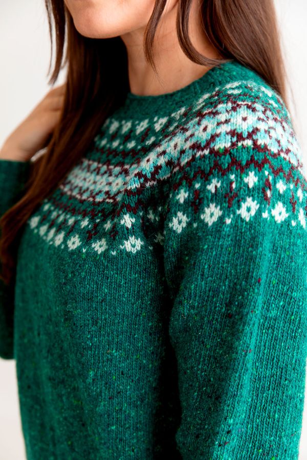 womens donegal wool fair isle jumper sweater jade green croft yoke