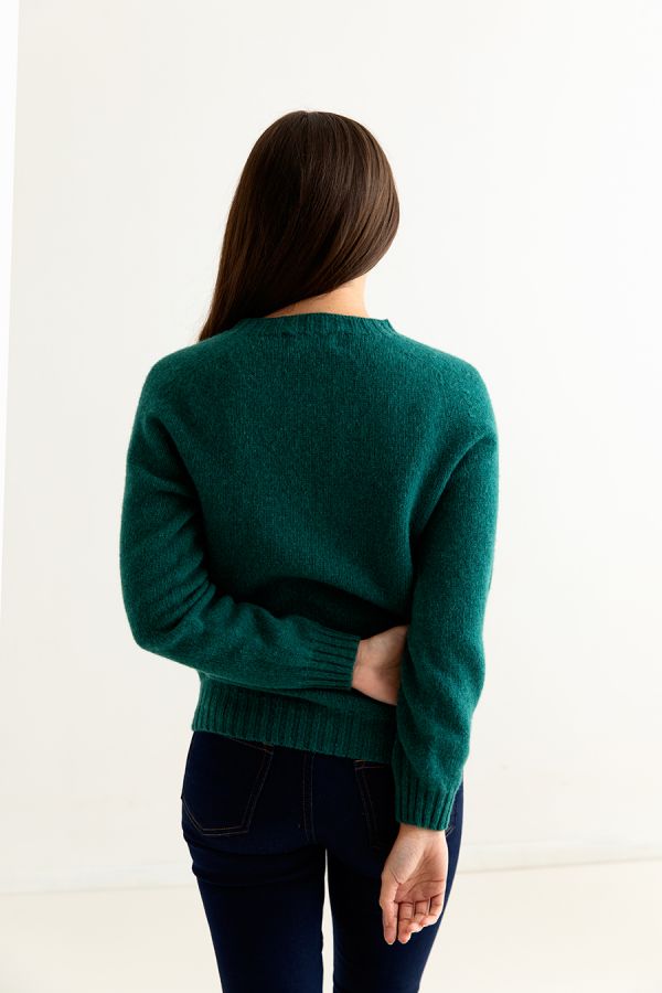 ladies emerald green shetland wool jumper sweater saddle shoulder back