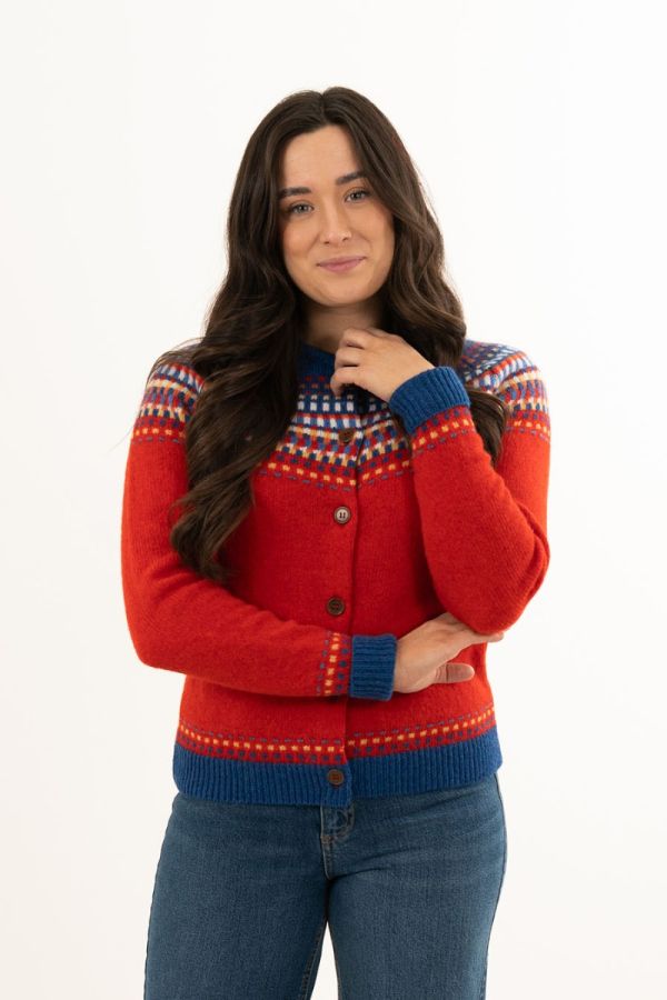 womens fair isle cardigan red wool blocks sweater