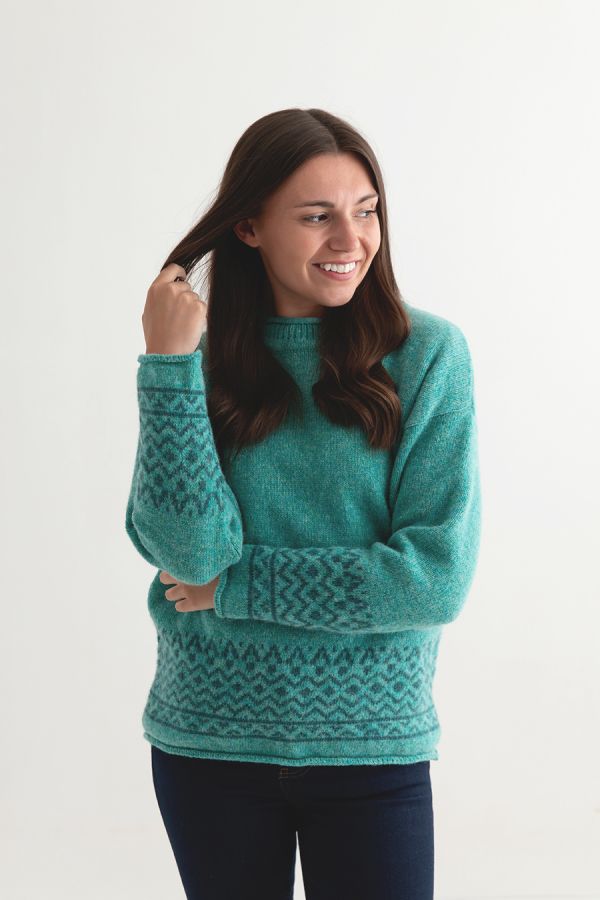 womens fair isle jumper sweater aqua wool braemar fairisle front