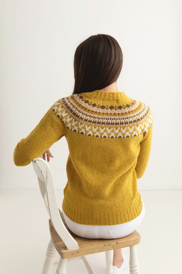 womens fair isle jumper sweater mustard yellow wool lido back