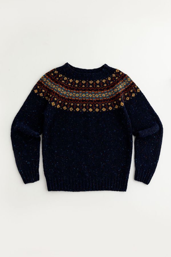 womens fair isle jumper sweater navy blue wool croft yoke
