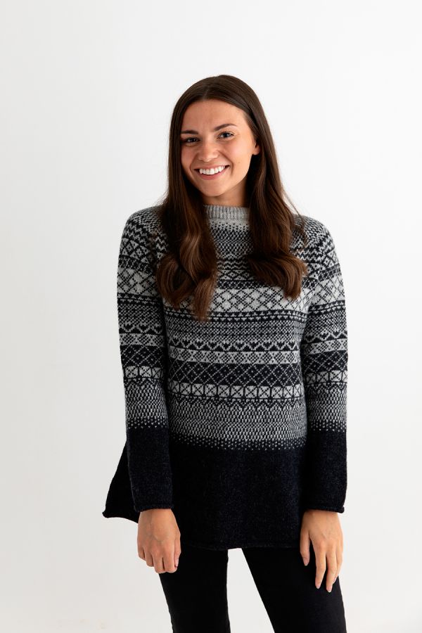 womens lace fair isle tunic jumper. charcoal grey. front