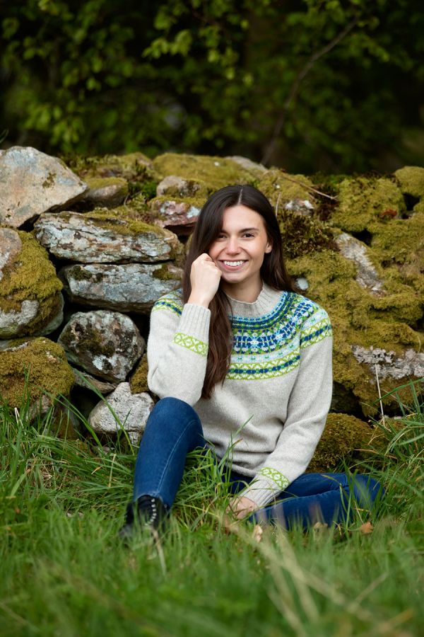 womens fair isle wool jumper beige green blue festival yoke sweater