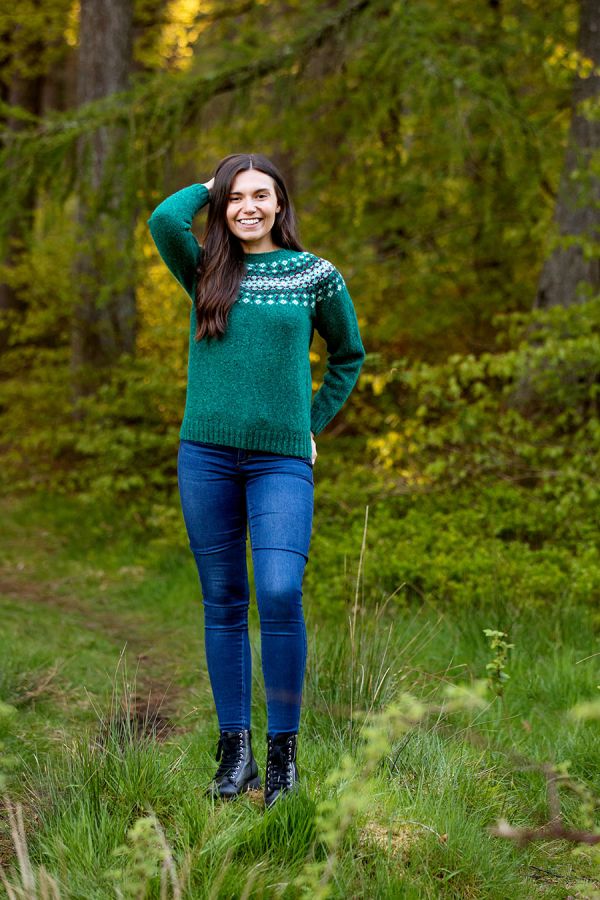 womens green croft yoke fair isle jumper sweater donegal wool jade
