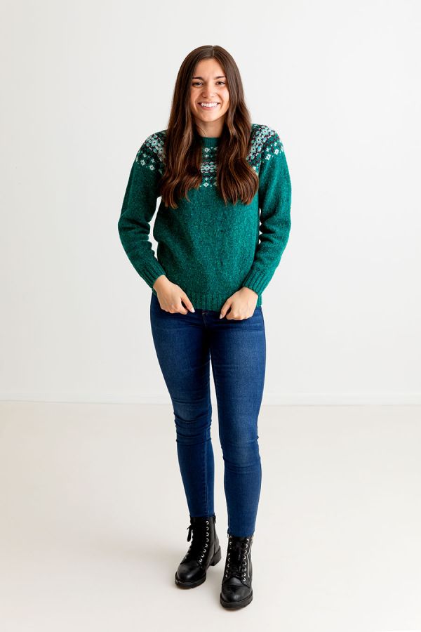 womens green fairisle jumper sweater jade croft yoke donegal wool