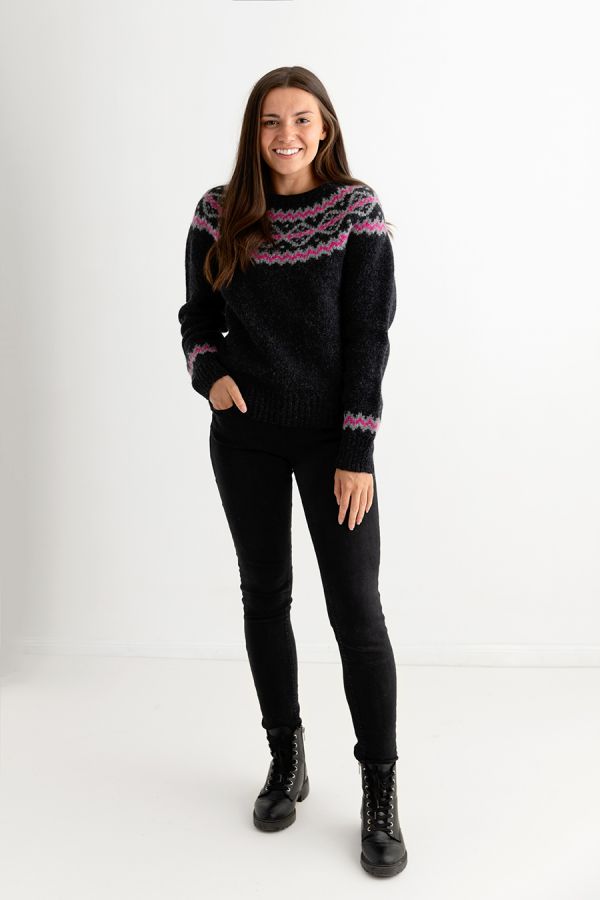 womens grey chunky yoke fair isle jumper sweater charcoal pink wool full