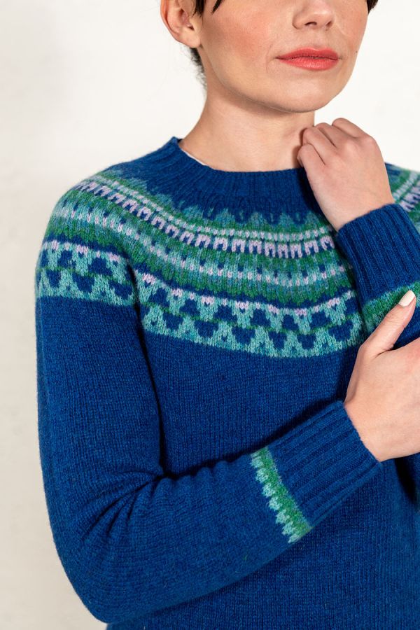cobalt blue british wool fair isle jumper sweater lido yoke