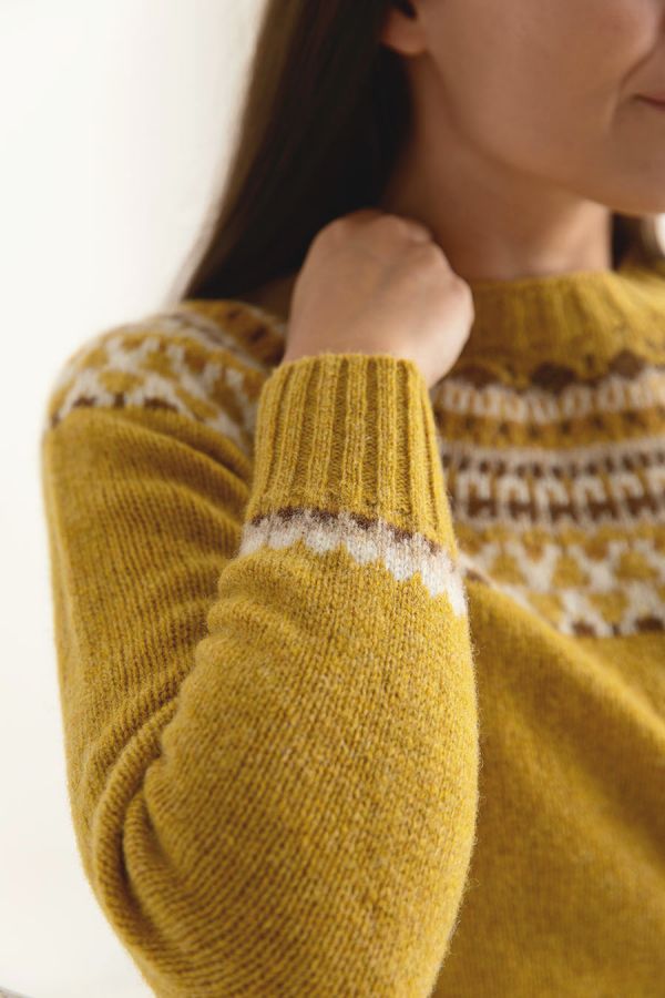 womens yellow fair isle jumper sweater mustard wool lido close up