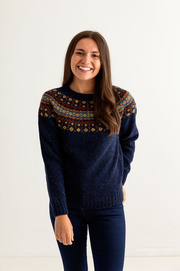 womens navy blue fair isle jumper sweater merino donegal wool croft yoke front